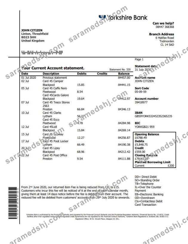 United Kingdom Yorkshire Bank statement template in Word and PDF format, good for address prove
